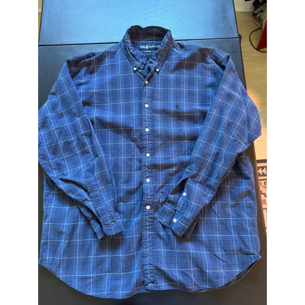 VTG Ralph Lauren Blake Mens XXL Blue Plaid Button Down Shirt 100% Cotton LS